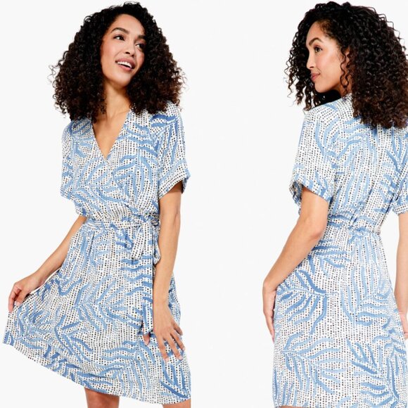Nic + Zoe Palm Dot Dress Petite Small Blue/White Surplice Wrap Style Vacation - Picture 1 of 7
